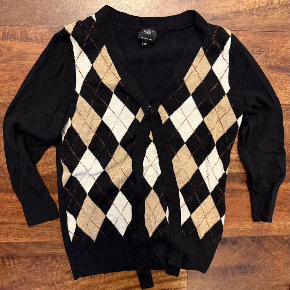 Talbots Black Argyle Tie-Front Merino Wool Cardigan 3/4 length Sleeve